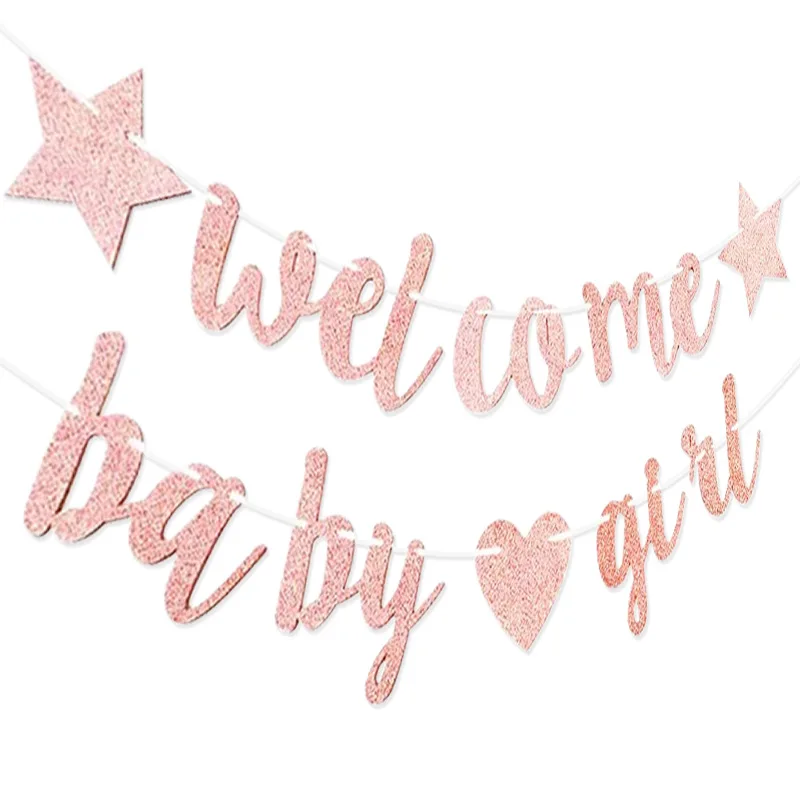 Baby Shower Decoration Banner Pink Five-pointed Star Love Welcome Baby Girl Glitter Garland Party Decoration