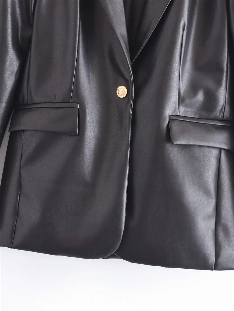 PUWD Casual Women Black Faux Leather Suit Jacket 2021 Autumn/Winter High Street Commuter Pure Color Single Button Female Outwear