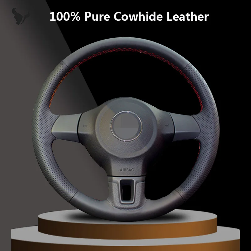 

Изготовленный на заказ черный чехол на руль из натуральной кожи для Volkswagen Golf 6 Mk6 VW Polo MK5 2010 2011 2012 2013, автомобильные аксессуары