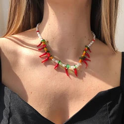 2021 Vintage New Fashion Boho Simple Hip Hop Artificial Pearl Red Chili Necklace For Women Choker Chain Jewelry Gift Wholesale