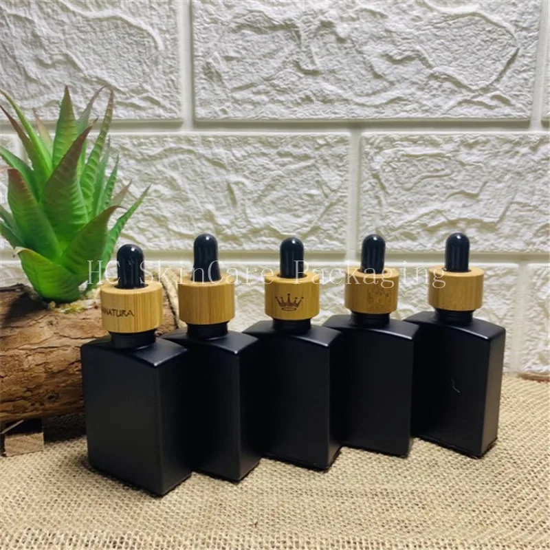 

100PCS/LOT 30ML Matte Black Square Essential Oil Dropper Bottles With Bamboo Dropper Cap