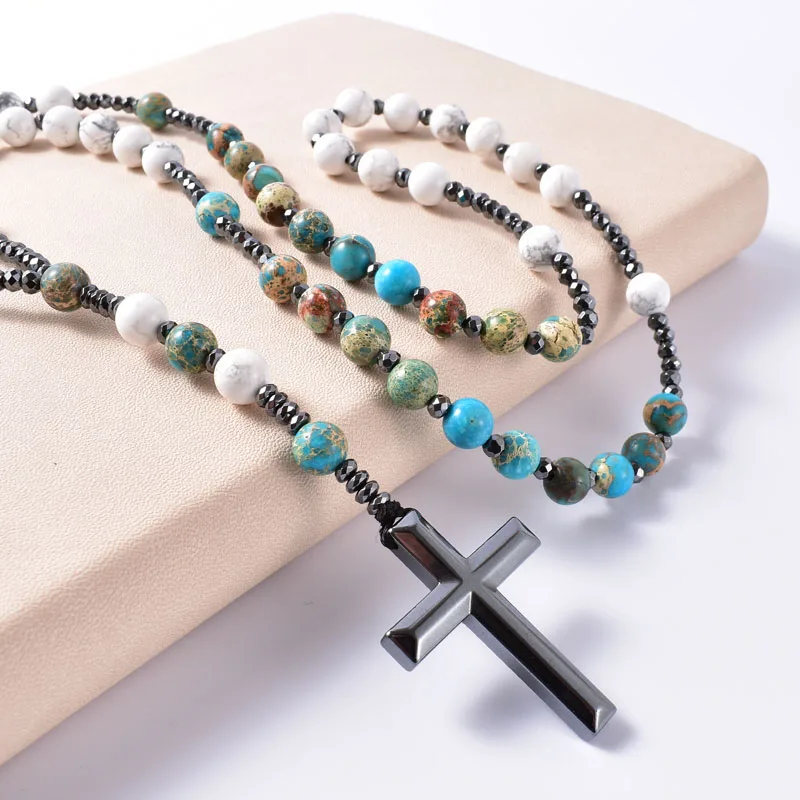 Wholesale Natural Turqouise With Hematite Cross Pendant Catholic Christ Mens Rosary Necklaces For Women Jewelry Drop shipping