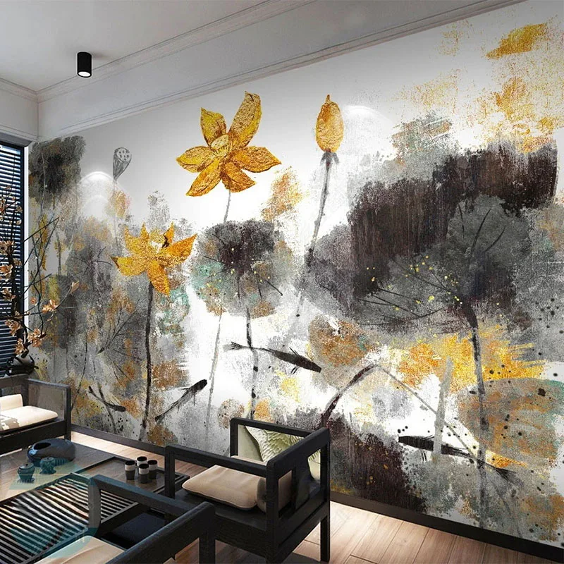 

Custom Size Mural Wallpaper Chinese Style Ink Lotus Golden Flower Decorative Painting Living Room TV Background Wall 3D Murals