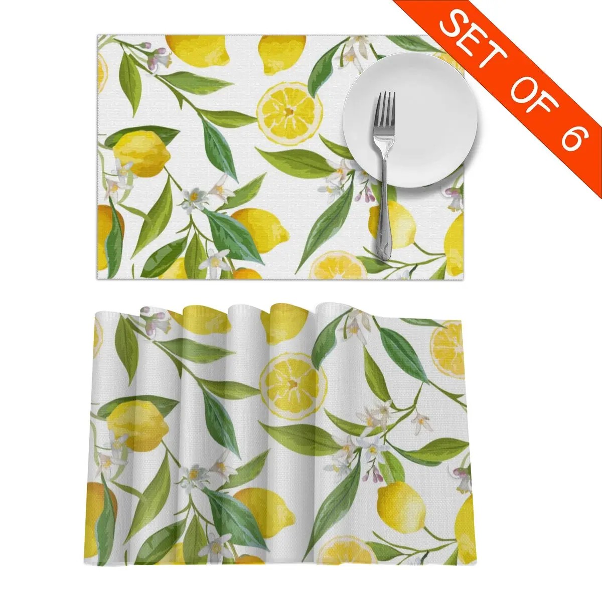 Floral Pattern Placemats for Dining Table Kitchen Accessories Fruit Lemon Cup Wine Mat, Set of 6