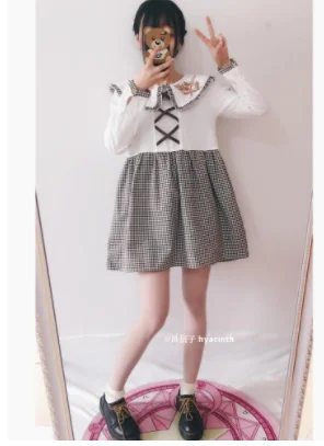 kawaii girl gothic Japanese student sweet lolita dress vintage turn-down collar embroidery lattice victorian dress lolita op cos