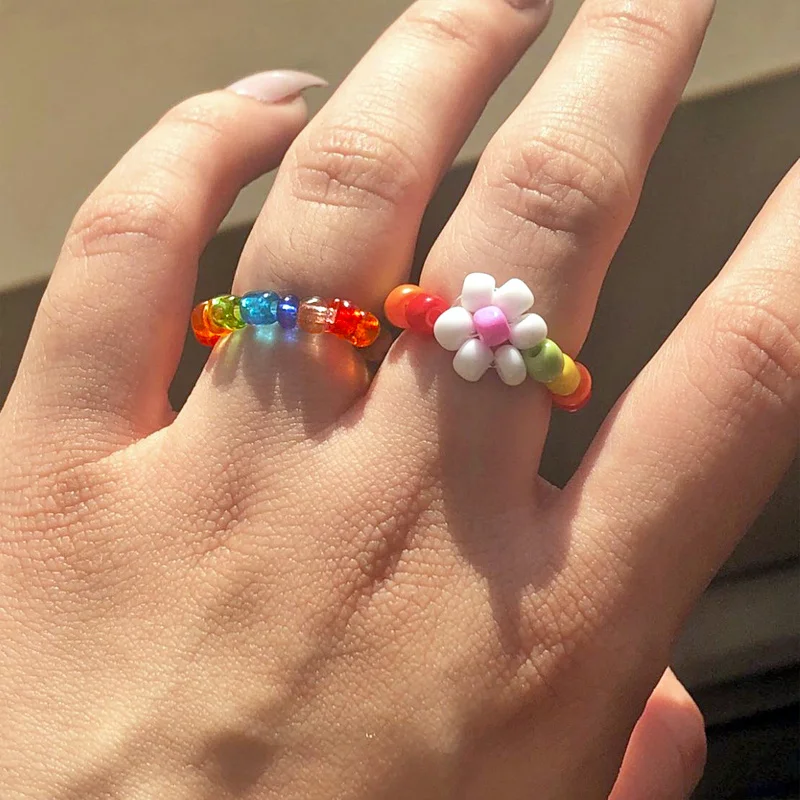 Rainbow Flower Bead Ring Fashion Trendy Bohemian Handmade Multi Color Smile Transparent Rice Beads For Women Girls Jewelry Gift