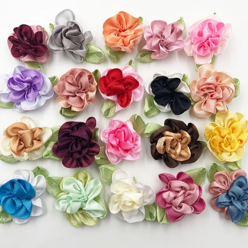 20pcs ribbon flowers with leaf handmade flowers apparel sewing appliques DIY accessories A047