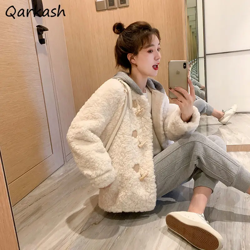 

Basic Jackets Women Born Button with Hat Preppy Lovely Patchwork Warm All-match Students Autumn Leisure Sweet Ulzzang Outwear