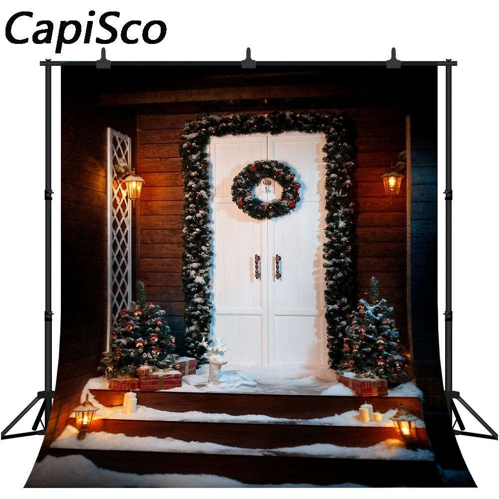 Capisco Christmas Theme Backdrop Wooden Door Trees Photography Background Xmas Party Banner Child Kids Baby Portrait Shoot