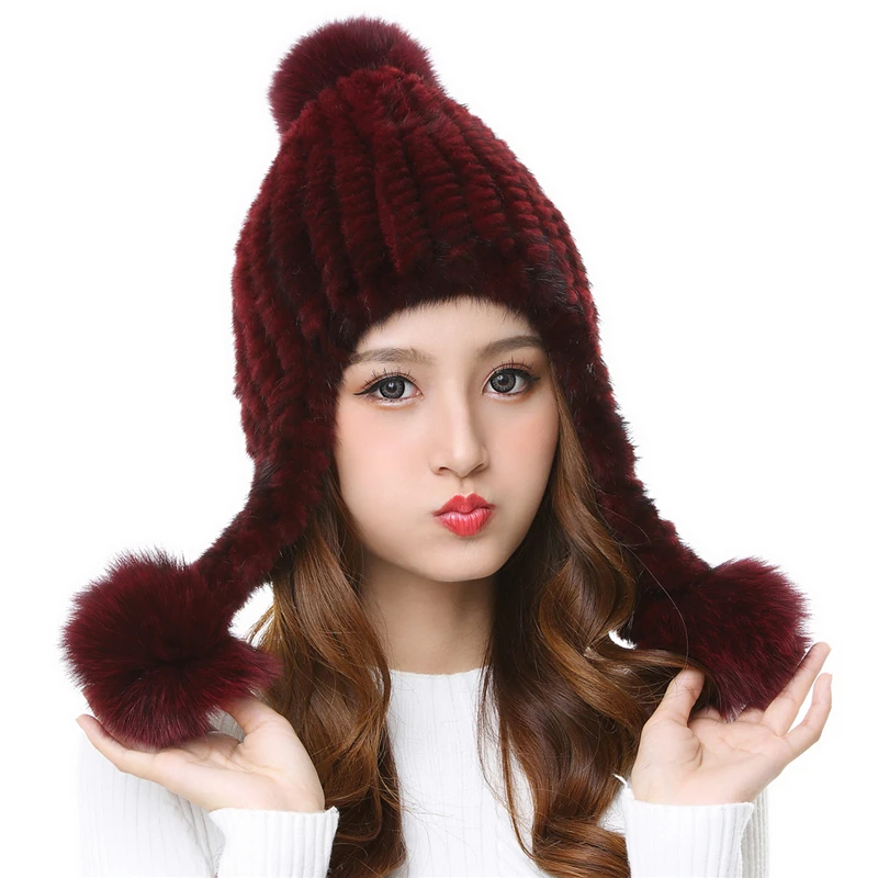 real mink fur hat for women winter knitted mink fur beanies cap fox fur pom poms brand new thick female cap