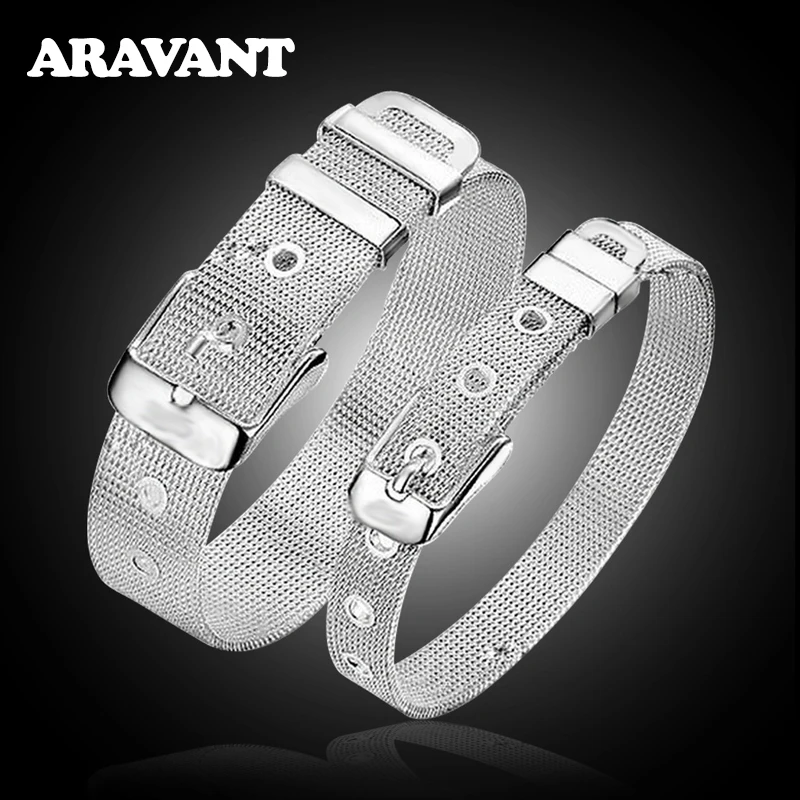 

925 Silver 2pcs Net Strap Bracelet&Bangle Jewelry Sets For Women Men Fashion Silver Jewelry