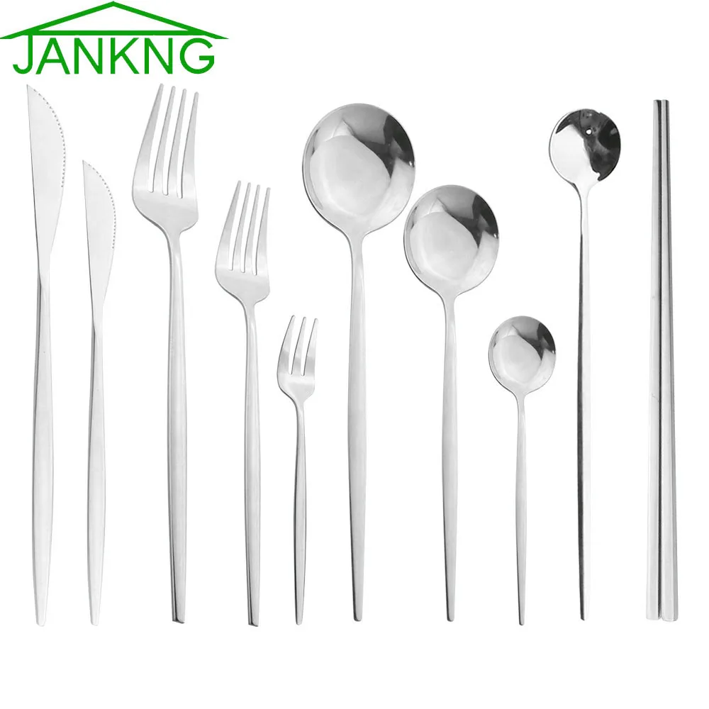 6Pcs Silver Dinnerware Sets Dinner Knife Fork Spoon Dessert Fork Stainless Steel Cutlery Set Flatware Kitchen Shiny Tableware