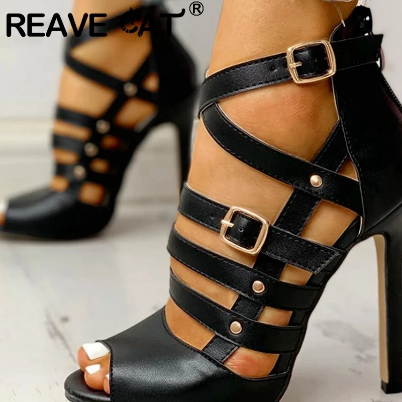 REAVE CAT 2021 Sexy Rome Sandals Narrow Band Cross Ankle Buckle Strap Open Toe 10cm Thin Cover Heel Size 35-43 Black Brown A4358