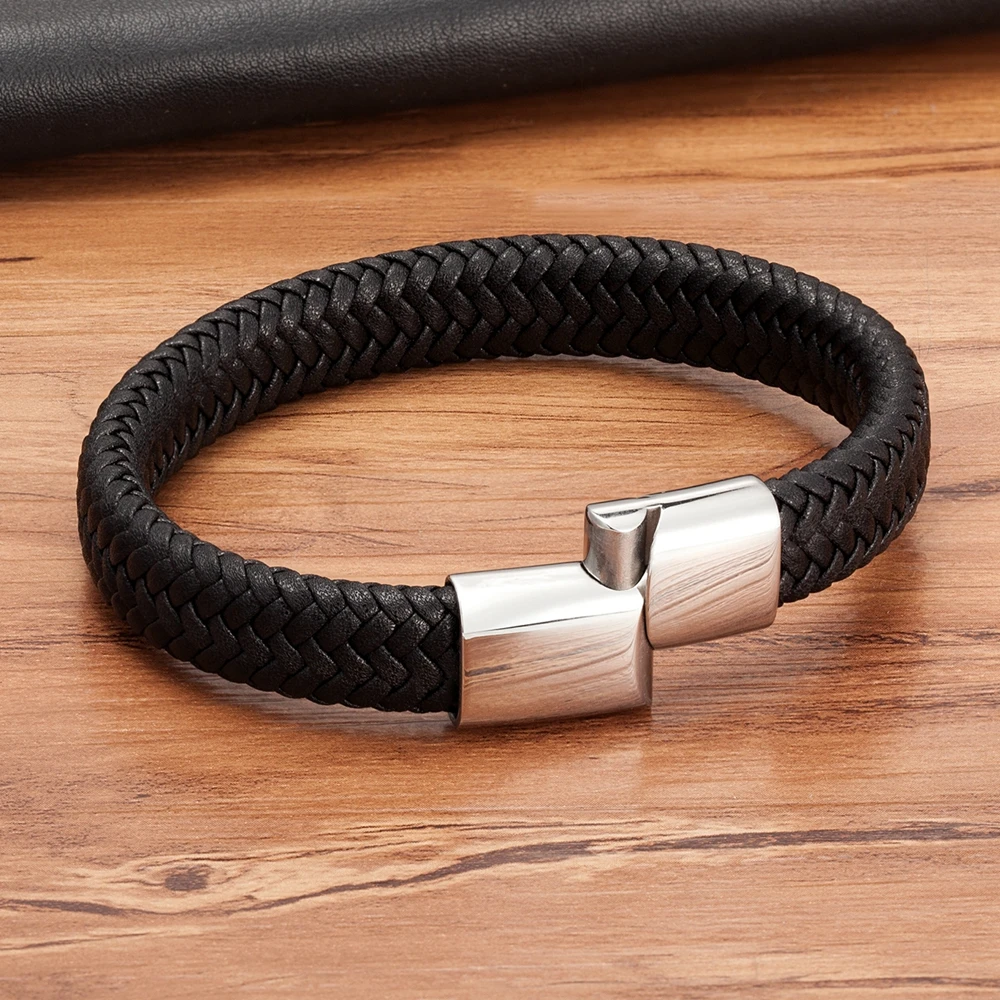 XQNI Classic Timeless 3 Color Stainless Steel Button Men\'s Leather Bracelet 6 Color Selection Luxury Gift DIY Size Carved Logo