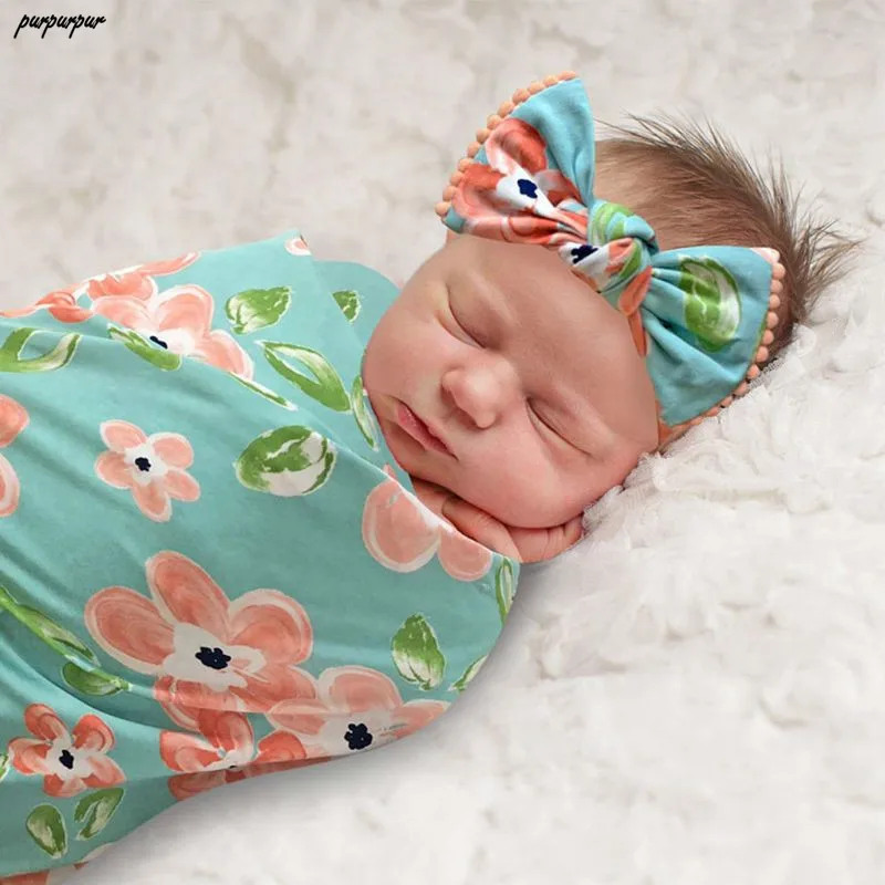 2Pcs/Set Newborn Baby Receiving Blanket Headband/Hat Cotton Sleeping Bag Toddler Infant Swaddle Wrap Towel