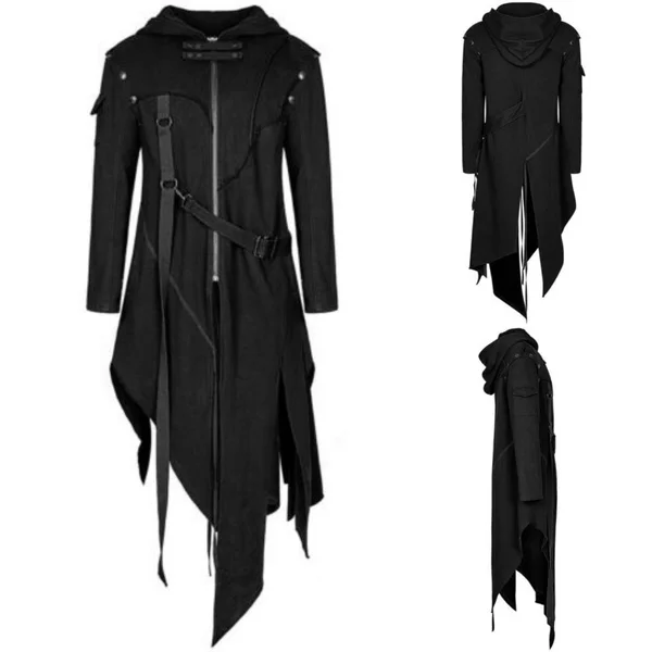 SHUJIN Men Gothic Style Hip Hop Trench Coat Hooded Cloak Men\'s Irregular Design Long Cardigan Street Punk Vintage Jackets