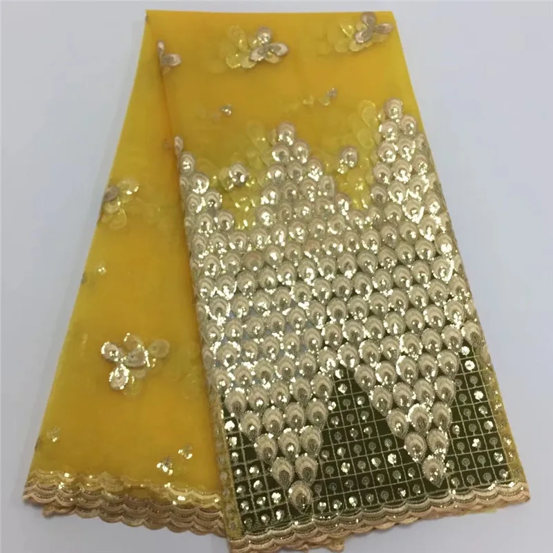 

African lace fabric 2022 latest yellow Indian sari fabric high quality tulle sequined lace fabric for wedding dress