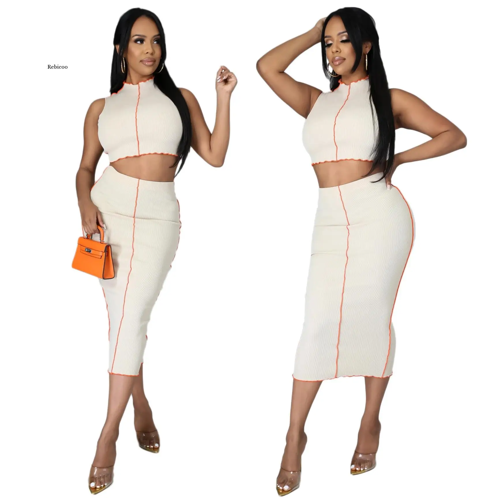 Lace Up Bandage Knitted dress Sexy Hot Women 2 Piece Sets Sleeveless Party Club Hollow Out Outfits Slim Crop Top And Skirt