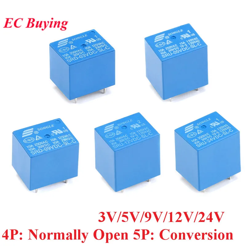 DC Power Relay 3V 5V 9V 12V 24V 10A SRD-03VDC-SL-C SRD-09VDC-SL-C SRD-05VDC-SL-A SRD-12VDC-SL-A SRD-24VDC-SL-A 4Pin 5Pin rele