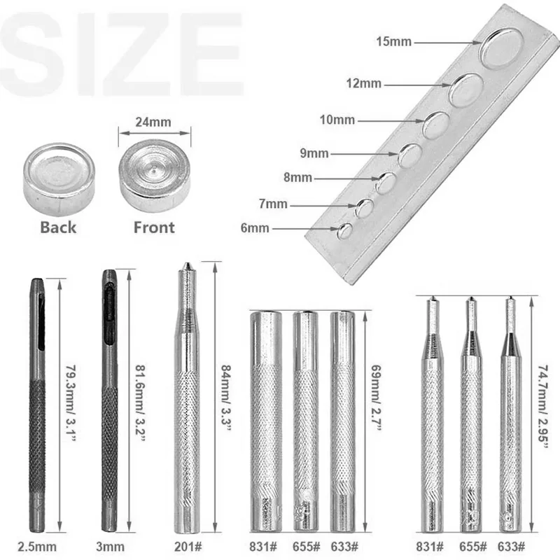 Imagem -02 - Soco Ferramenta de Couro Buraco Botões Conjunto Pressionando Studs Rebites e Grommets Snap Rebite Setter Kit de Base Conjunto Snap Rebite 11 Pcs