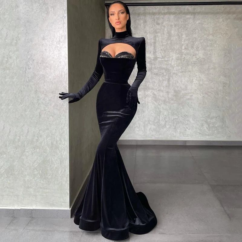 Thinyfull Arabic Mermaid Prom Evening Prom Dress Black Velvet Party Dresses 2021 Long Sleeve Beadings Floor Length Cocktail Gown