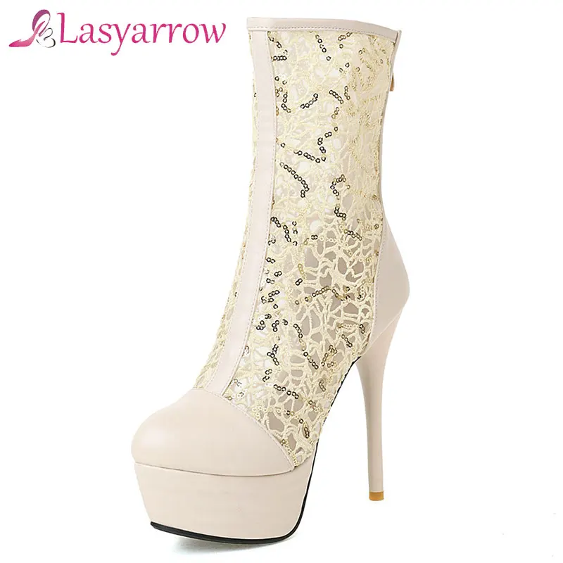 Lasyarrow Net boots women's 2021 summer cool boots women's high heel thin heel sandals hollow pointed shoes woman fashion