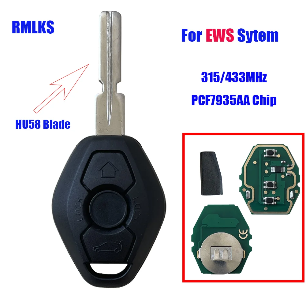 Clé télécommande à 3 boutons, 315/433MHz, pour BMW E38, E39, E46, EWS, système ID44, puce PCF7935, lame non coupée, FCC ID: LX8, FZV