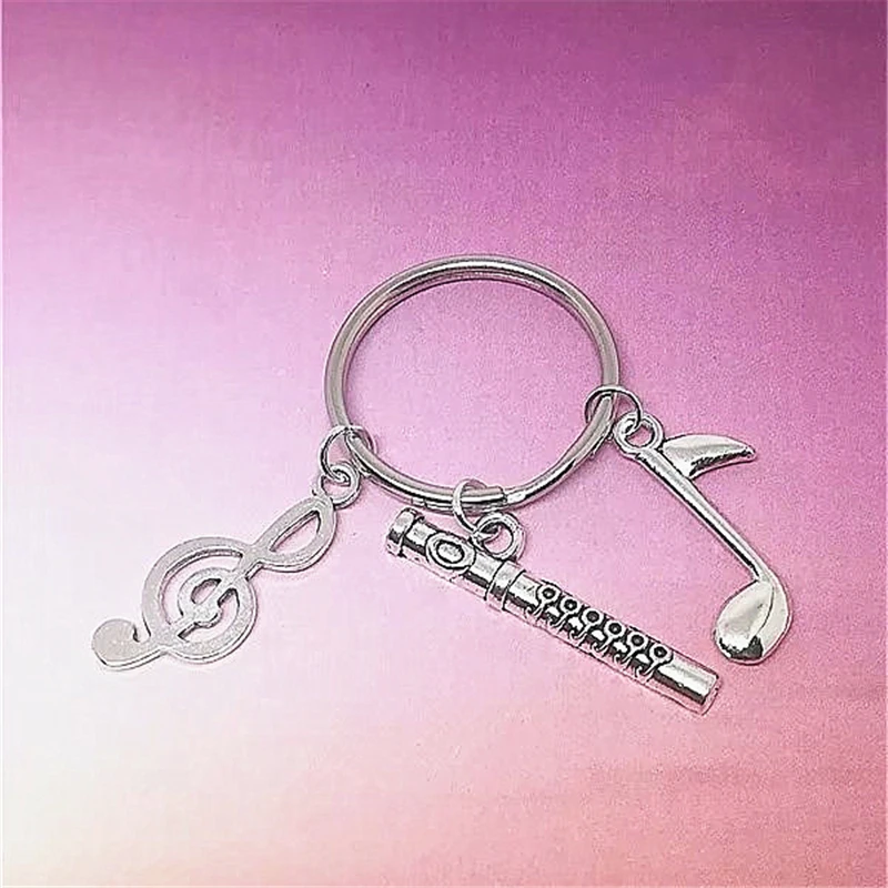 Handmade Women/Men\'s Fashion Vintage Style Antique Silver Color Flute and Music Notes Key Chains Key Rings Gift for Music Lovers