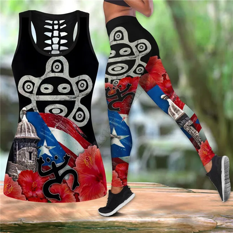 

Puerto Rico Sol Taino Symbol Combo Outfit Leggings and Hollow out Tank Top Suit Yoga Fitness Soft Legging Summer Women For Girl