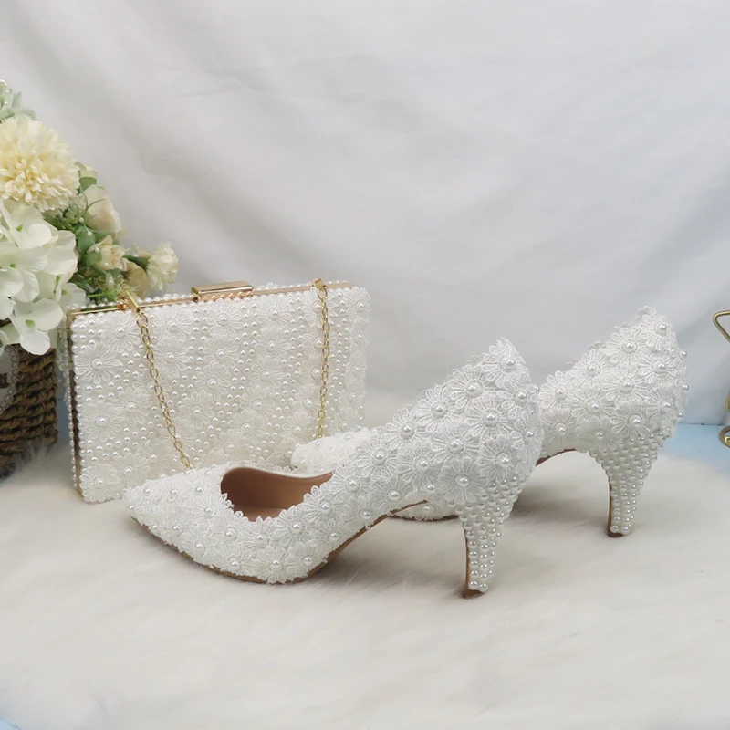 BaoYaFang Brand White Flower Pearl Bridal wedding shoes and Purse Set Pointed Toe Thin High Heel Party Evening shoes and bag set