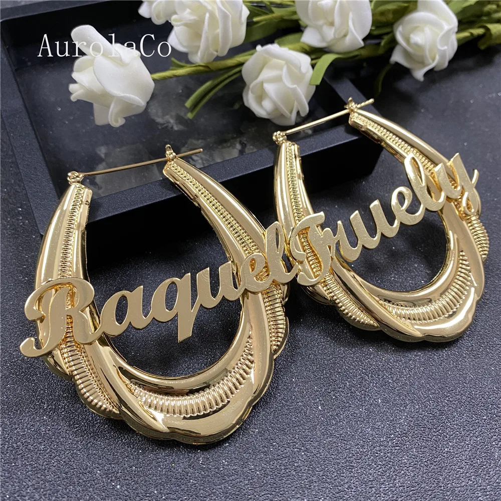 AurolaCo 65mm Stainless Steel Bamboo Hoop Earrings Customized Name Earrings Bamboo Style Custom Earrings for Women Gift