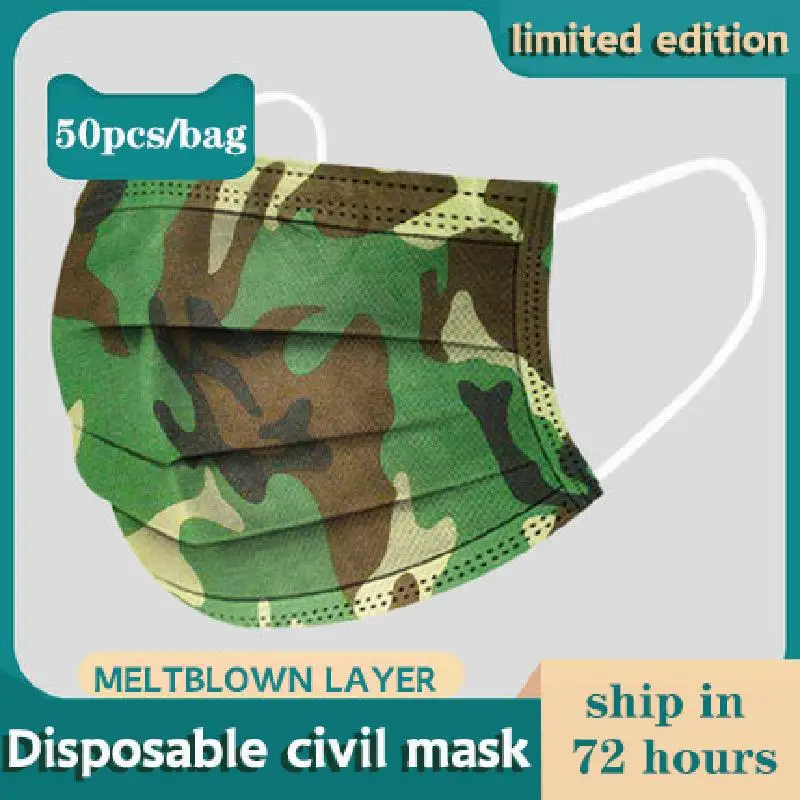 

10/50/100PCS Camouflage Mouth Mask 3 Layer Ply Disposable Face Mask Filter Non-wove Earloop Breathing Protective Adult Masks