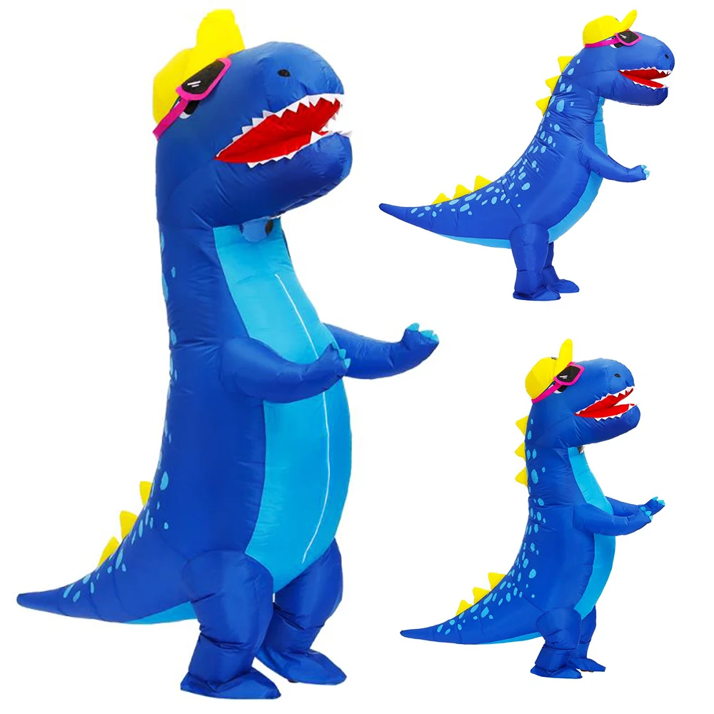 Disfraz de dinosaurio inflable t-rex azul para adultos, traje de Cosplay de dibujos animados de Anime, mascota divertida, fiesta de Halloween y