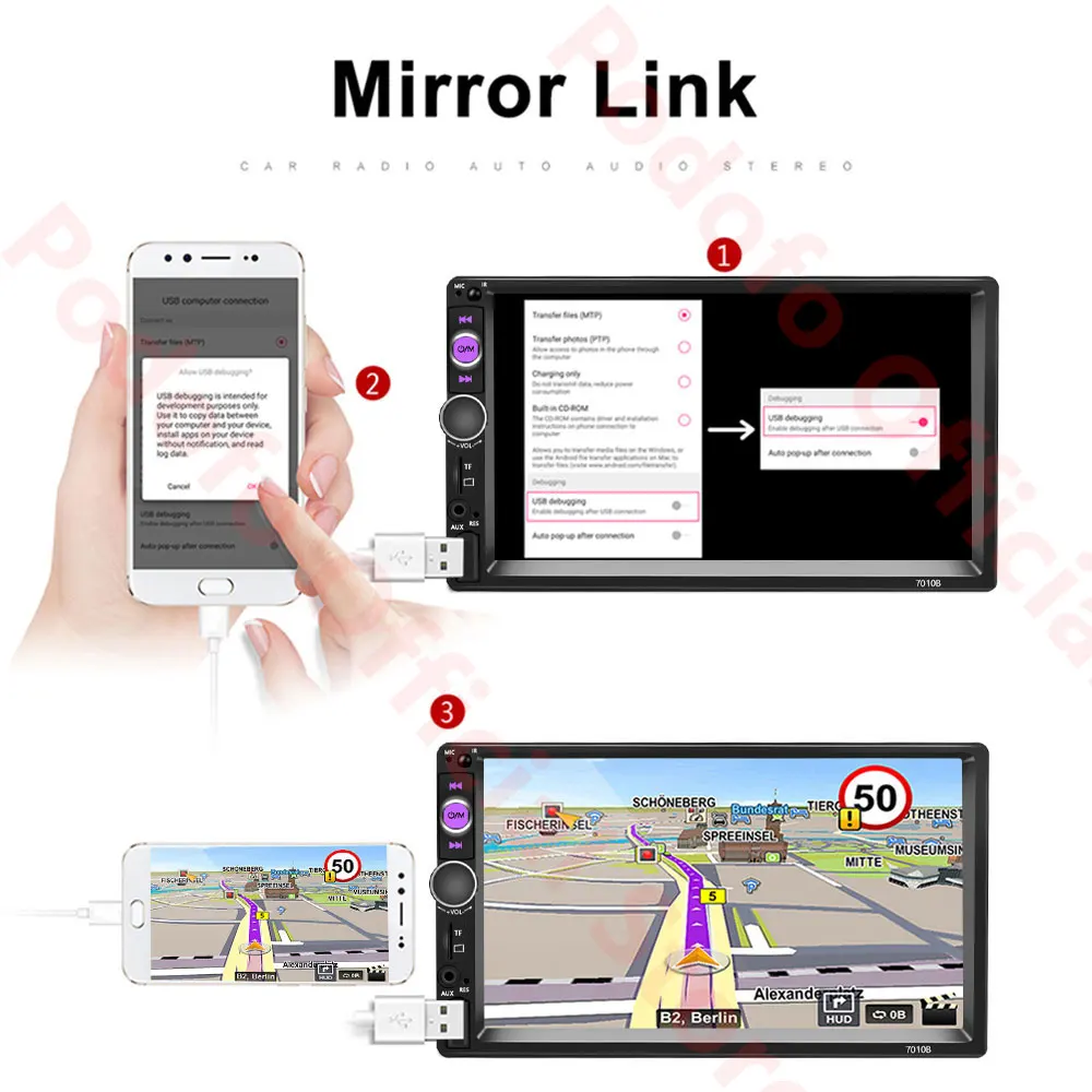 Podofo 2Din Android Car Radio Multimedia Player RAM 2G + ROM 32G GPS Navigation BT FM WiFi No dvd 2 DIN Radio For VW Nissan Kia