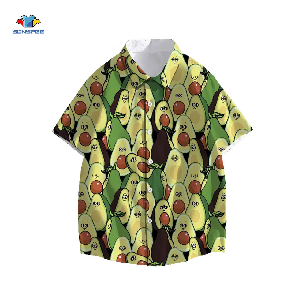 

SONSPEE Anime Avocado Print Hawaiian Shirt Funny Casual Men Women Short Sleeve Streetwear Beach Shirts Oversize Hip Hop Top