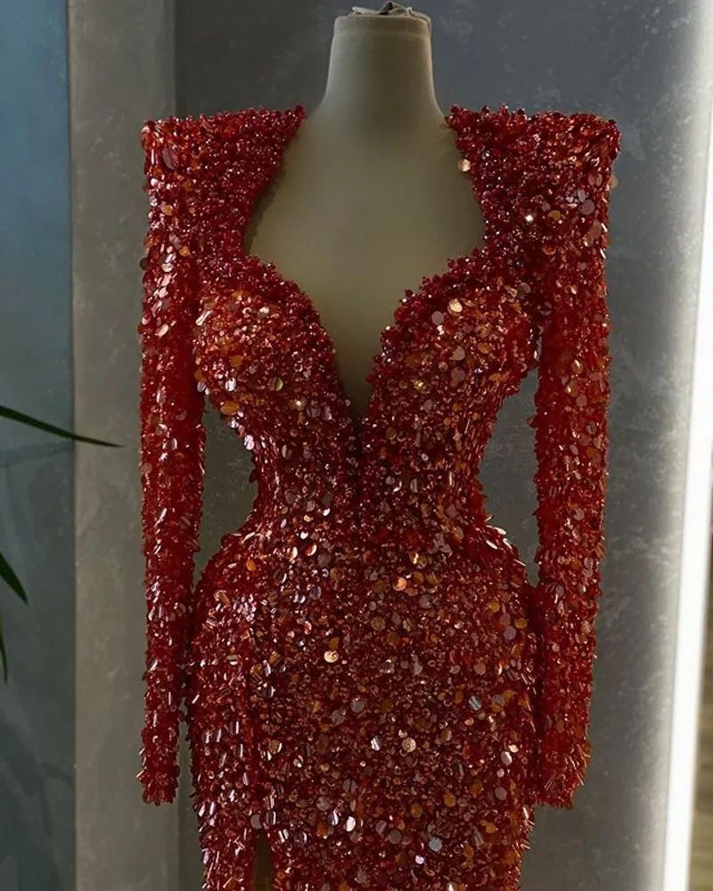 Sparkly Full Sequined Long Sleeves Mermaid Prom Dresses Side Red Luxury Silver Evening Dress Formal Party Pageant Gown