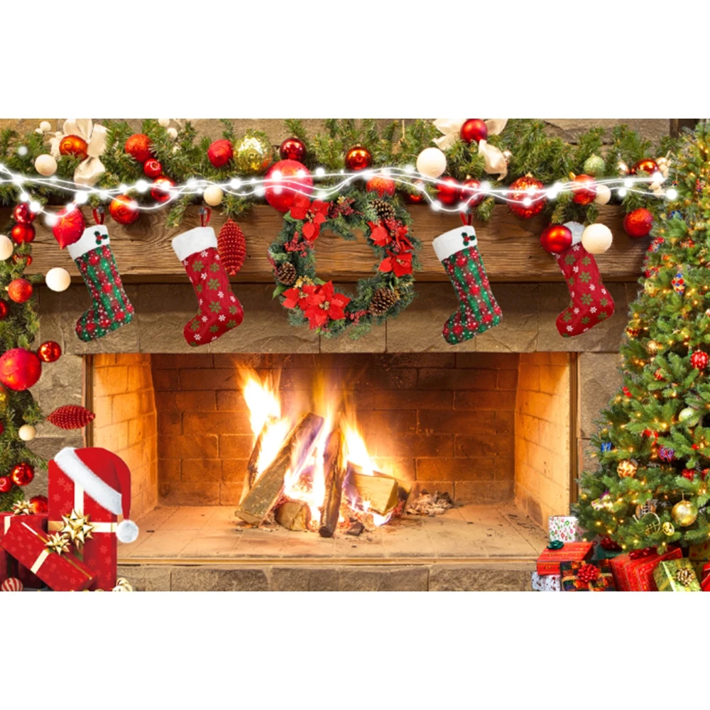 Фон для фотосъемки с изображением камина и рождественских носков