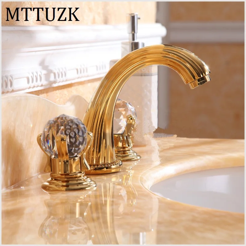 MTTUZK 3 piece Set Wash Basin Mixer luxury high quality brass gold plating crystal handle basin faucet 3 hole sink faucet