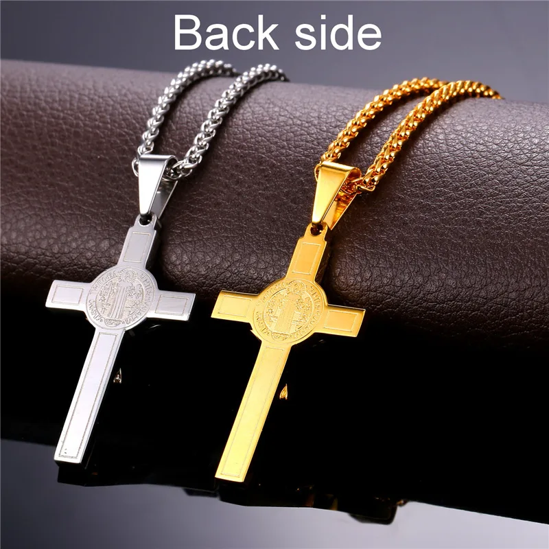 ChainsPro INRI Crucifix Cross Pingente Stainless Steel Gold Color Pendant Cross With Saint Benedict Medal Necklace P277 QC25