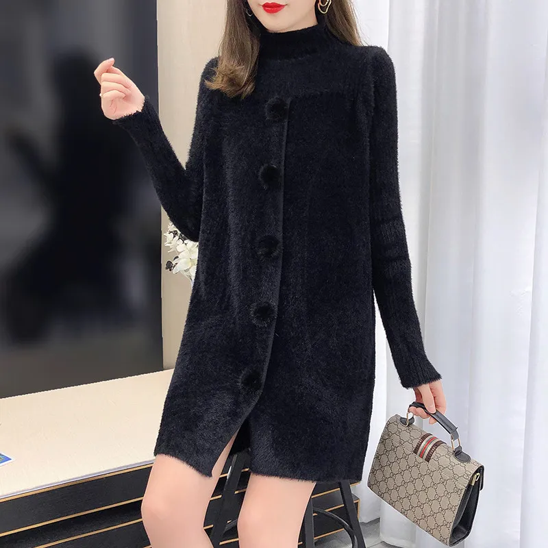 UHYTGF Mink Fleece Autumn Winter Sweaters Women Long Sleeve Half Turtleneck Pullover Bottoming Clothes Loose Big Size Tops 1890