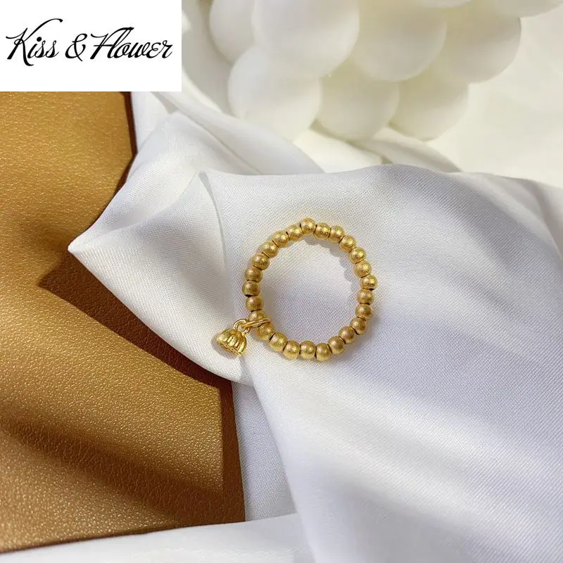 

KISS&FLOWER RI142 Fine Jewelry Wholesale Fashion Woman Bride Birthday Wedding Gift Vintage Lotus Bead 24KT Gold Resizable Ring