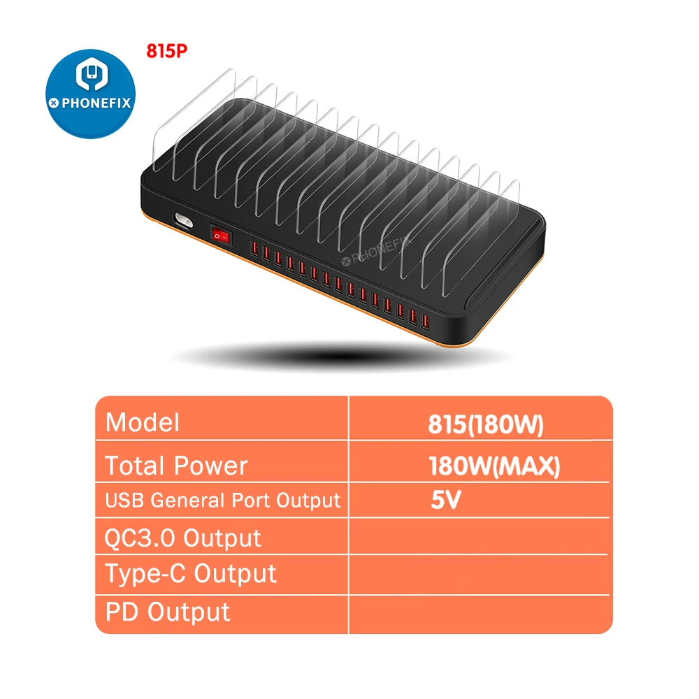 Multi Quick USB Charger, Estação de Carregamento do Telefone Móvel, Organizador para Celular Tablet e Laptop, 15 Port, 100 W, 180W, 3.0 PD, Carregamento Rápido