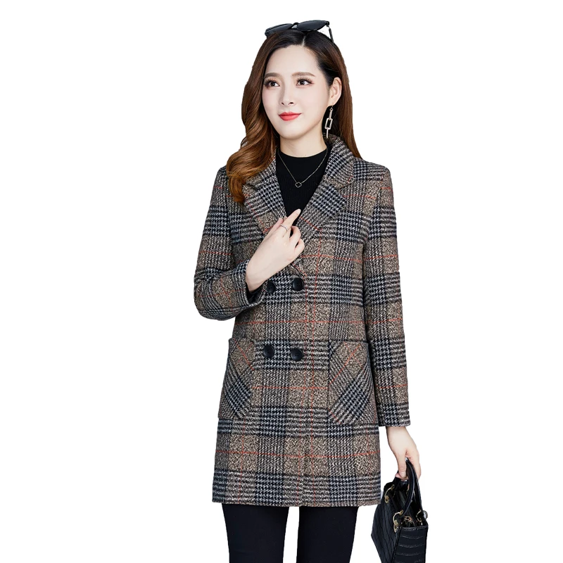 Mama Overcoat Outerwear Slim Spring Autumn Suit Collar Trench Coat Womens Loose Plaid Woolen Coat Medium Length Coats