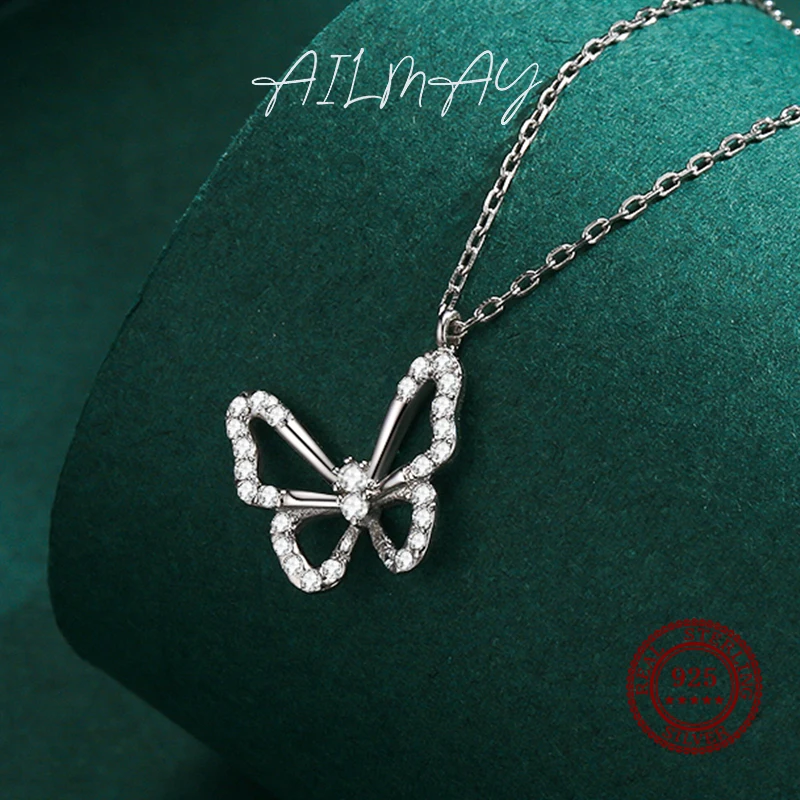 Ailmay Genuine 925 Sterling Silver Charm Elegant Butterfly Animal Clear Zircon Necklace For Women Fashion Statement Fine Jewelry