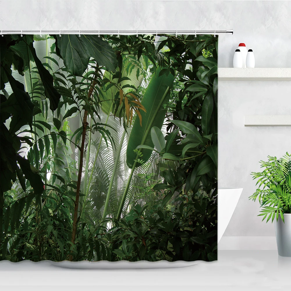 Tropical Plant Leaf Shower Curtains Flower Bird Parrot Green Palm Leaves Print Waterproof Fabric Home Decor Bathroom Curtain set