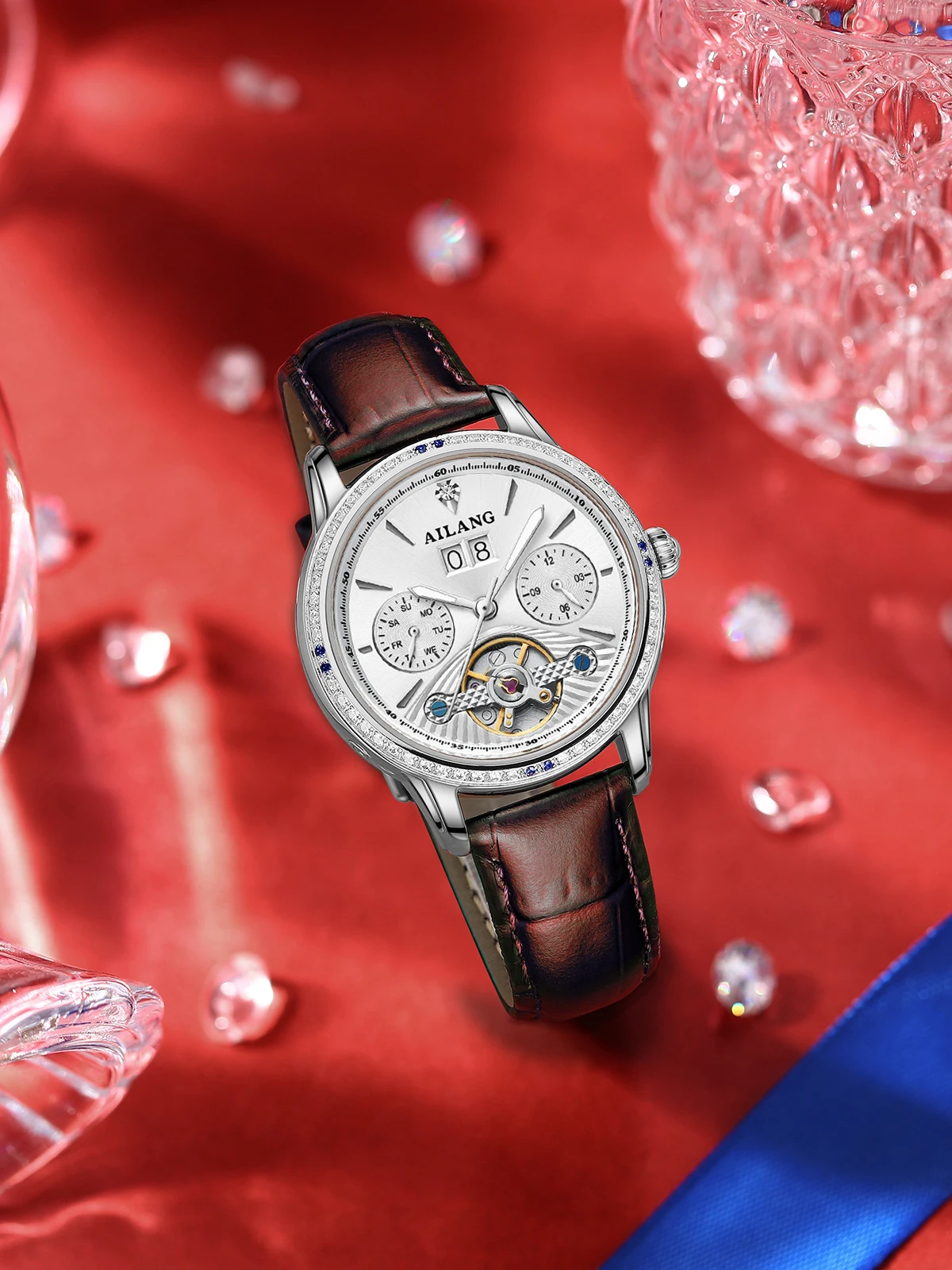 AILANG Women's Tourbillon Automatic Mechanical Watch Crystal Bezel Date Display Watch Waterproof Sports Wristwatch For Women view 5
