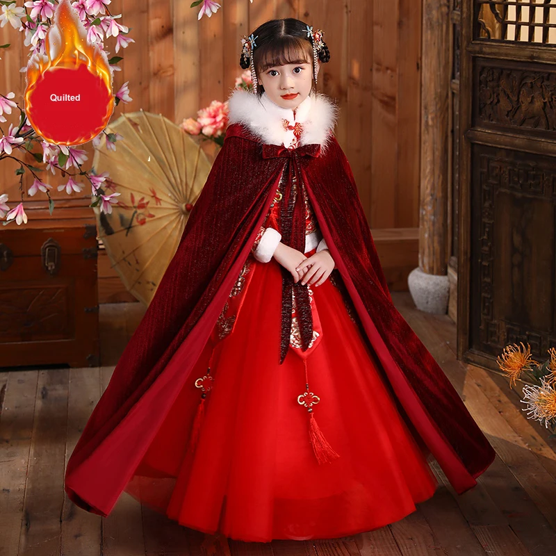 

Girl's Winter Hanfu Cape Hooded Embroider Thicken Fur Collar Warm Cloak Chinese Children Ancient Mantle Kids New Year's Wear