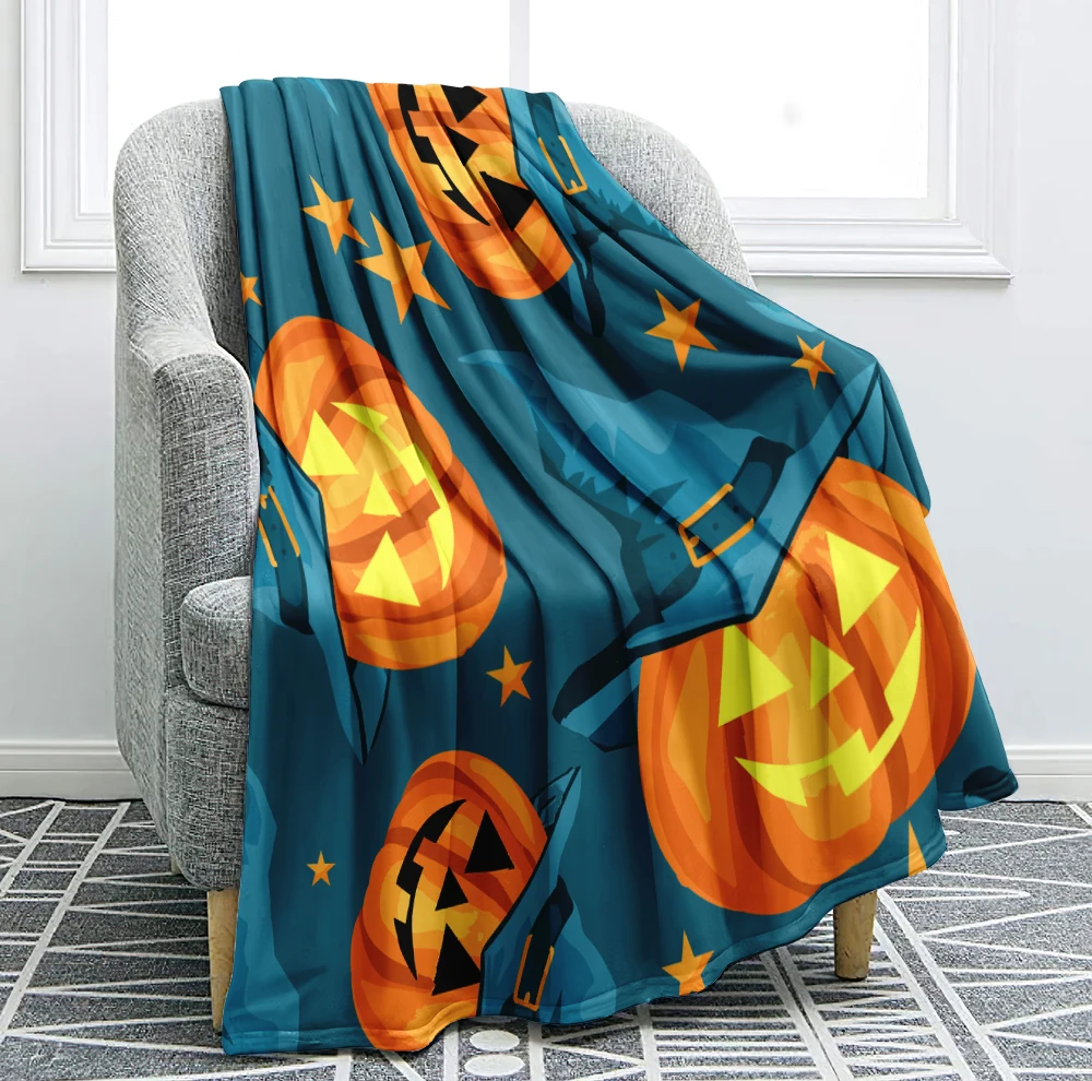 Halloween Pumpki Blanket Cartoon Hat Halloween Throw Blanket Sherpa Flannel Blanket Soft Cozy Plush Blanket For Sofa