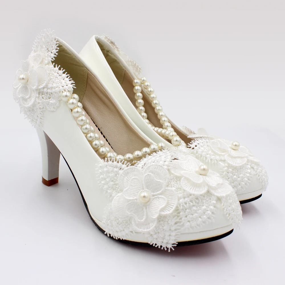 Spring and summer new high-heeled women\'s shoes white bridal shoes elastic beads flowers handmade wedding shoes made in China