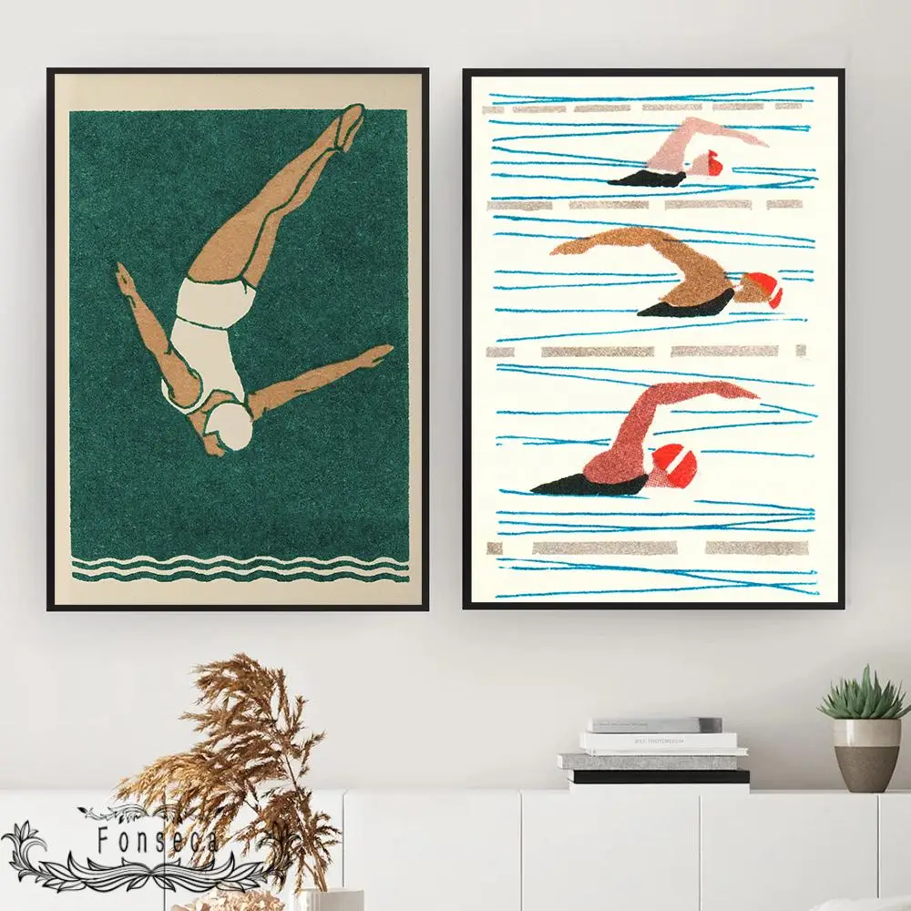 Abstract Nordic Swimming Water Entry Posture Canvas Painting Modular Pictures for Living Room Decorative Poster On The Wall Gift